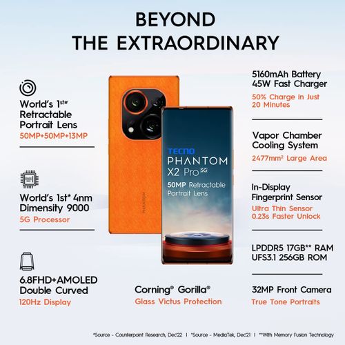 Tecno Phantom X2 Pro, 6.8", 256GB+ 12GB (Dual SIM), 5160mAh, 5G, Mediatek Dimensity 9000 (4 nm), 2.5x optical zoom, retractable lens