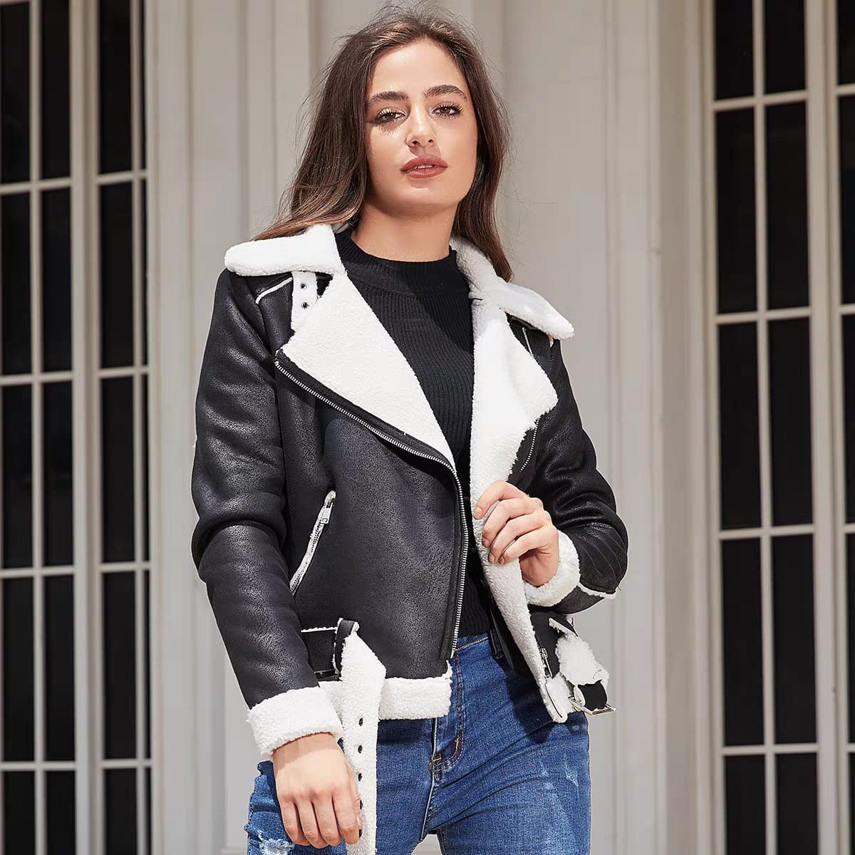 Fashion Leather jacket for ladies/ Black leather jacket WITH FUR