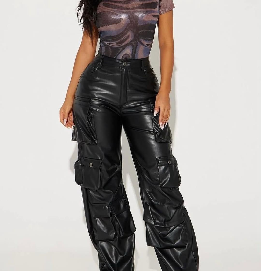 Fashion ladies leather cargo pants