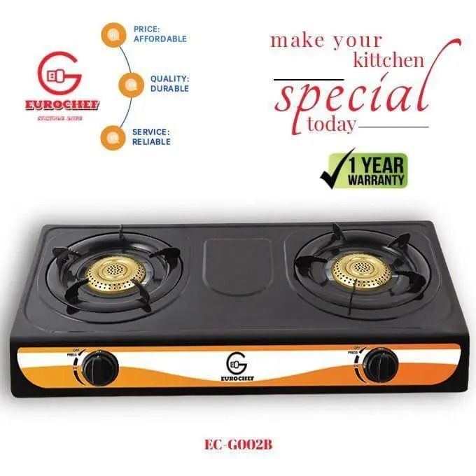 Eurochef G-002B 2 Burner Stainless Steel Table Top Gas Cooker, Black