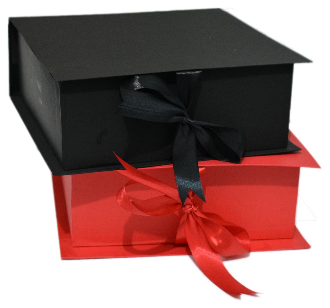 Elegant 9x9x3.5 Inch Gift Box with Shredded Paper & Permanent Ribbon - Flip to Open