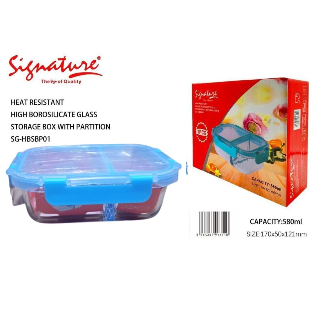 580ML Heat Resistant Glass Partition Portion Control Lunch/Snack Box With Lid