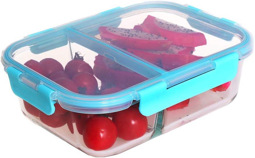 580ML Heat Resistant Glass Partition Portion Control Lunch/Snack Box With Lid