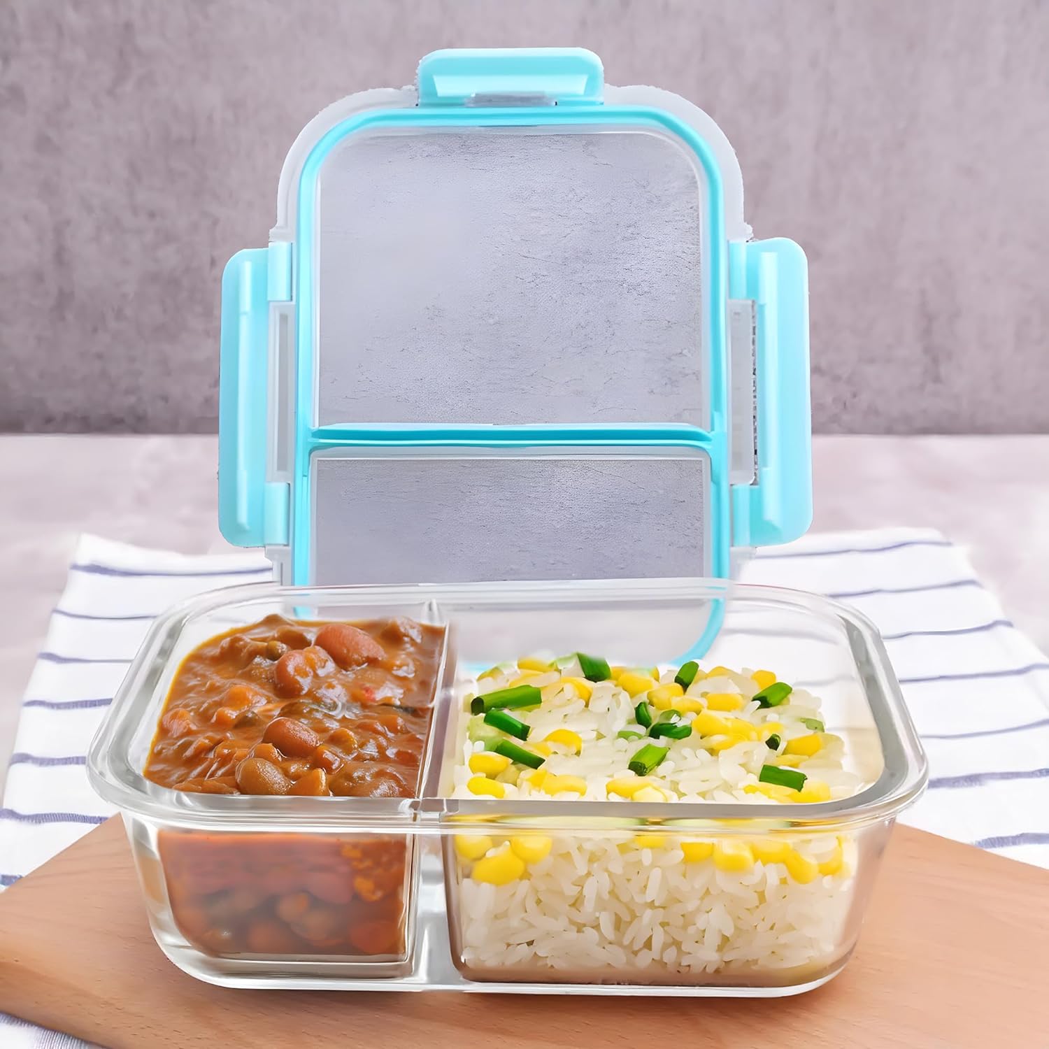 580ML Heat Resistant Glass Partition Portion Control Lunch/Snack Box With Lid