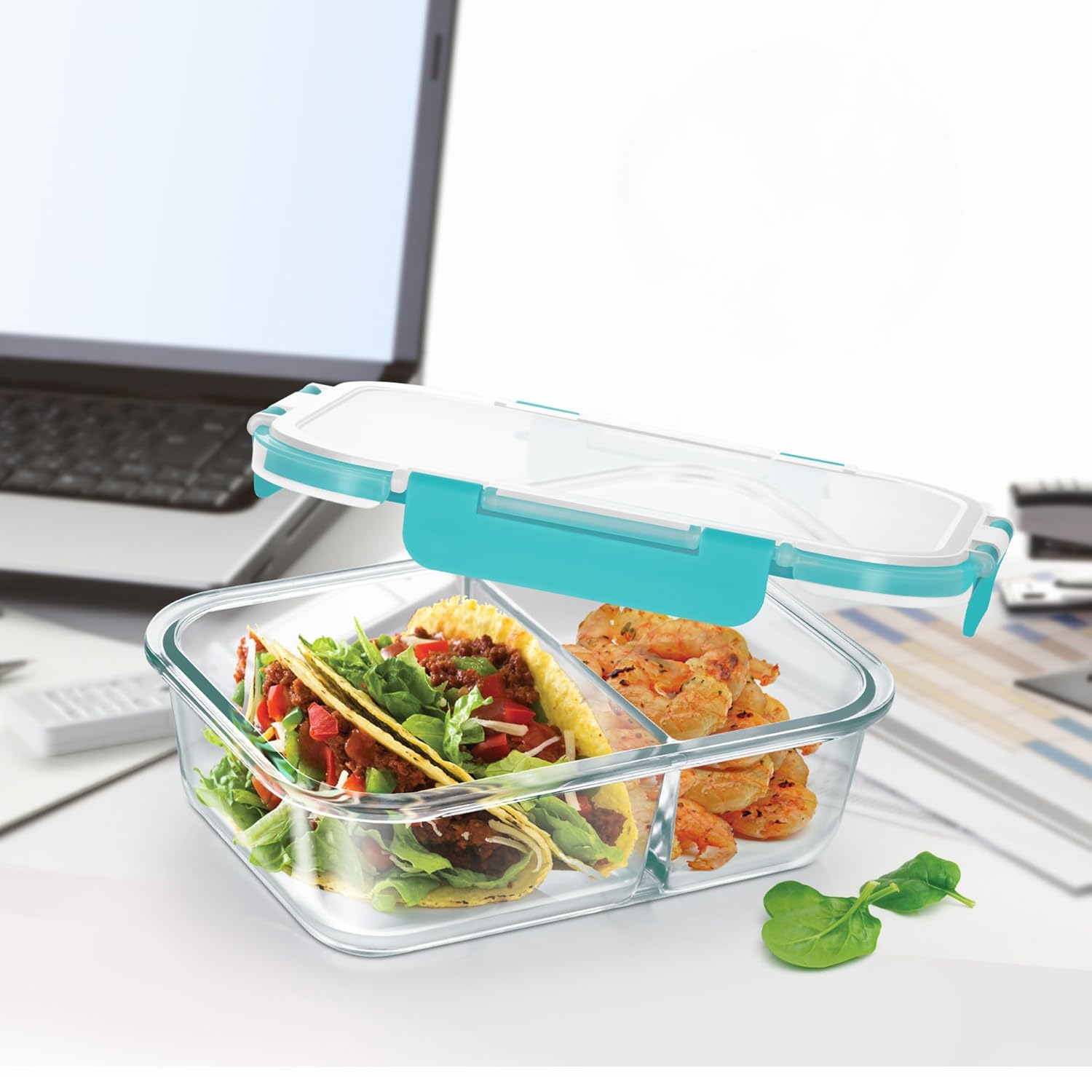 580ML Heat Resistant Glass Partition Portion Control Lunch/Snack Box With Lid