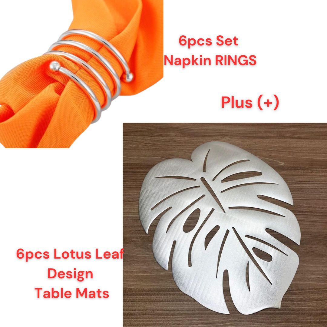 6PCS Silver Alloy Coated Napkin Ring + Unique Design 6PCs Lotus Pattern Table Mats