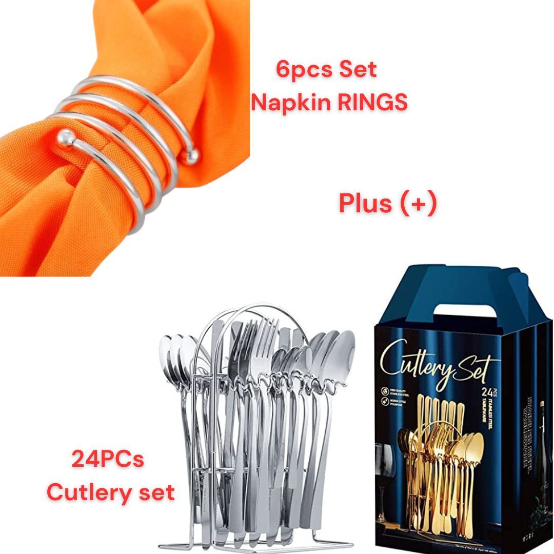 6pcs Napkin Rings for Wedding/Parties/Home&Office Diner Decors Plus 24PCs Cutlery Set