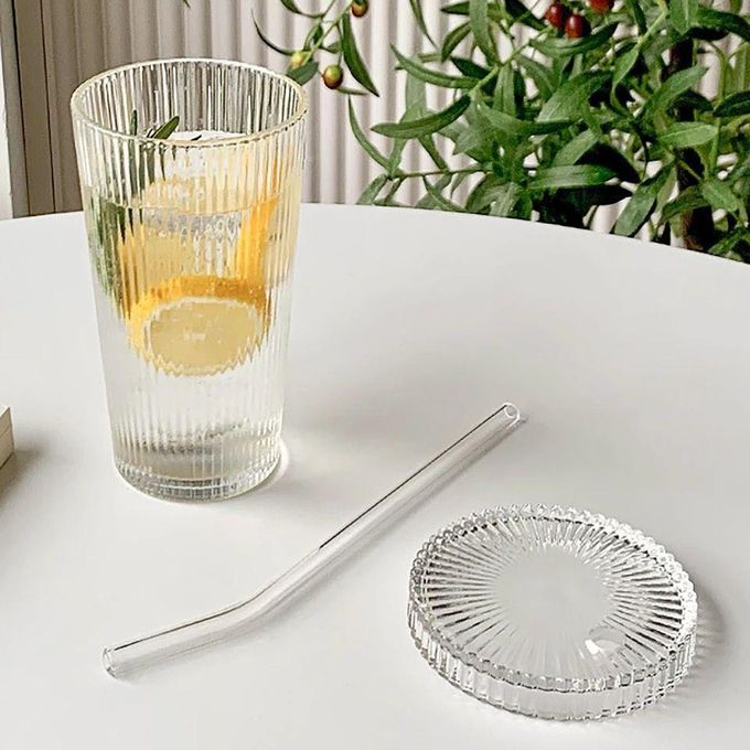 375ML Simple Stripe Glass Cup with Lid and Straw for Smoothies & Beverages
