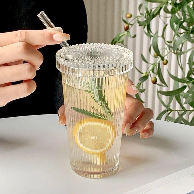 375ML Simple Stripe Glass Cup with Lid and Straw for Smoothies & Beverages