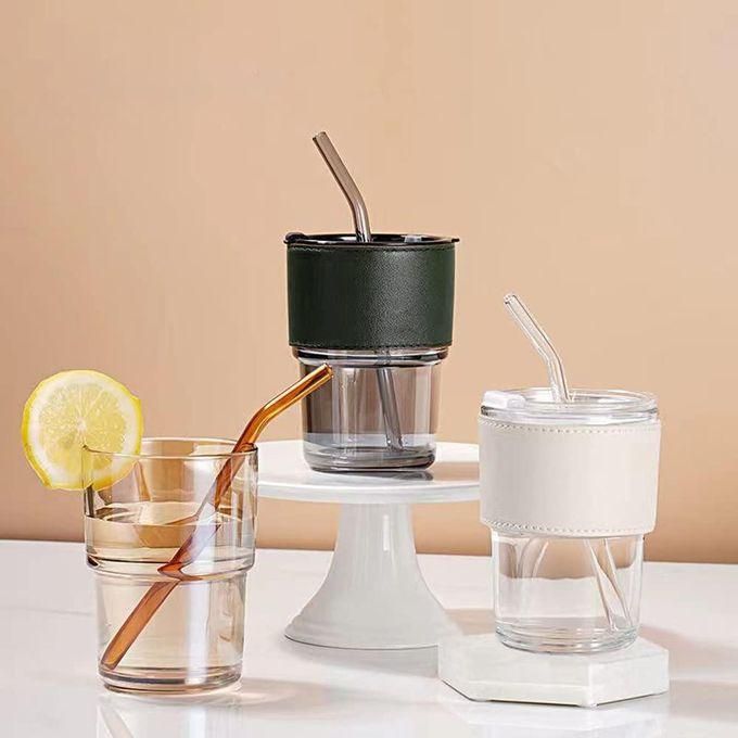 Gorgeous Slub Glass Smoothie/Beverage Cup with Straw and Leather Cover
