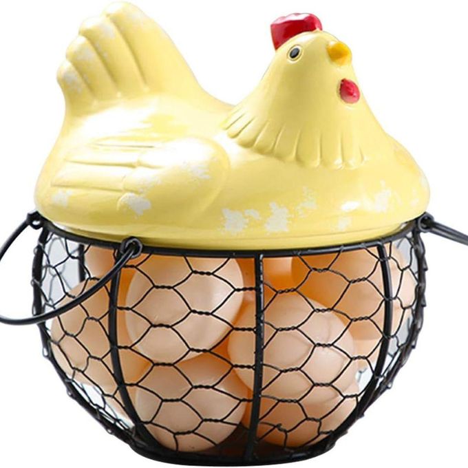 25 Eggs Metal Wire Mesh Egg Basket/ Egg Storage with a Stylish Ceramic Chicken Cover