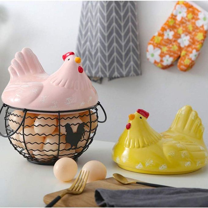 25 Eggs Metal Wire Mesh Egg Basket/ Egg Storage with a Stylish Ceramic Chicken Cover