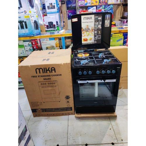 Mika Standing Cooker, 60cm x 60cm, 3 Gas Pool Jet Burners + 1 RAPID Hot Plate, Button Ignition, 3 Function Electric Oven, Full Black