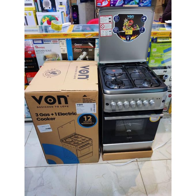 VON COOKER 50cmx 60cm, 3 Gas+1 Electric Free Standing Cooker plus Electric Oven plus free pipe and regulator