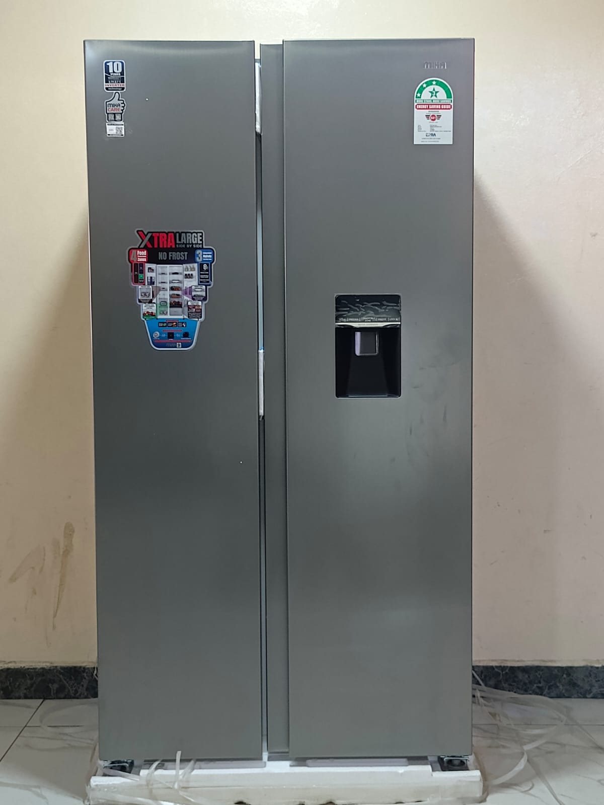 Mika Fridge, 595L, 2 Door Side By Side, No Frost, INVERTER Compressor, Inox Line Brush, Water Dispenser