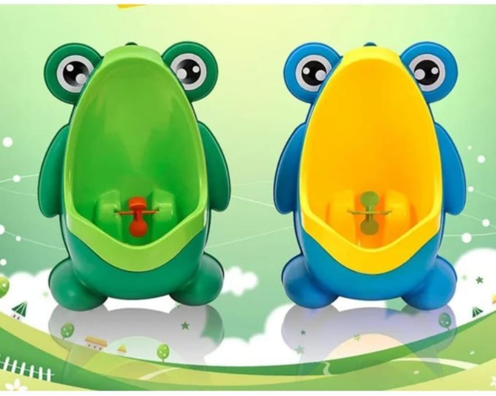 Cute frog boys urinal 
✅Made of non toxic material
✅you can adjust according to your child's height 
✅ Rotating windmill
✅Size: 21x16.5x30cm
