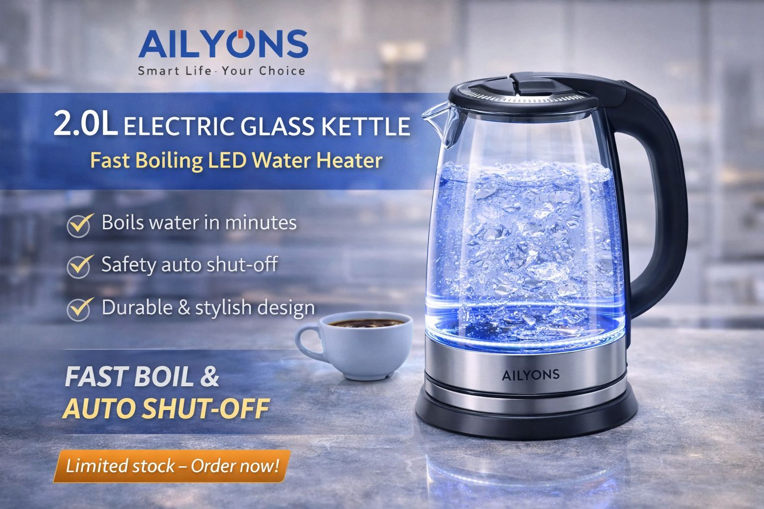 💎 AILYONS 2.0L Glass Electric Kettle – Fast Boil, Auto Shut-Off & Safe Design
