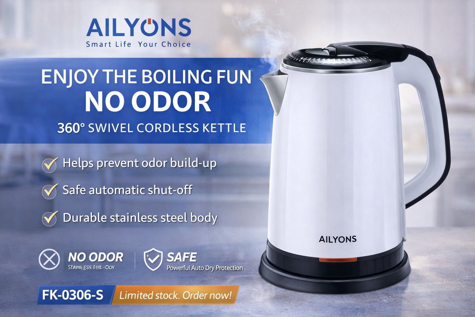 💎 AILYONS Cordless Electric Kettle – Stainless Steel, Auto Shut-Off & Fast Boil