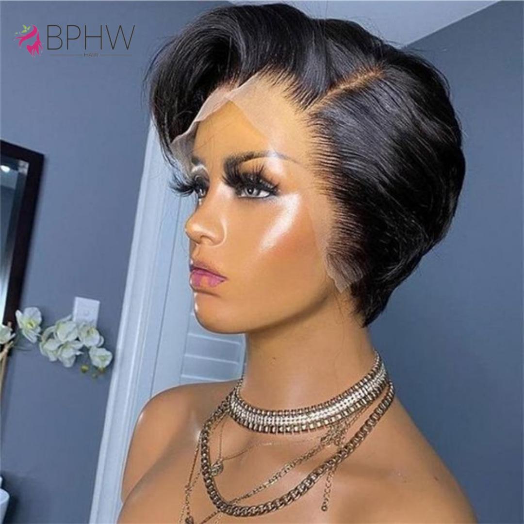 full frontal Bob Wig  semi Human Hair 180% Density HD Transparent Lace Front Wigs semi Human Hair Short Bob Pre Plucked Straight Wigs semi Human Hair for Women Natural Black Color 10 Inch