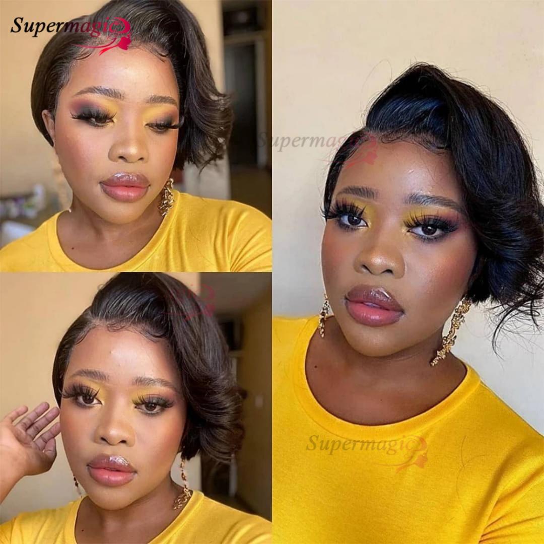 full frontal Bob Wig  semi Human Hair 180% Density HD Transparent Lace Front Wigs semi Human Hair Short Bob Pre Plucked Straight Wigs semi Human Hair for Women Natural Black Color 10 Inch