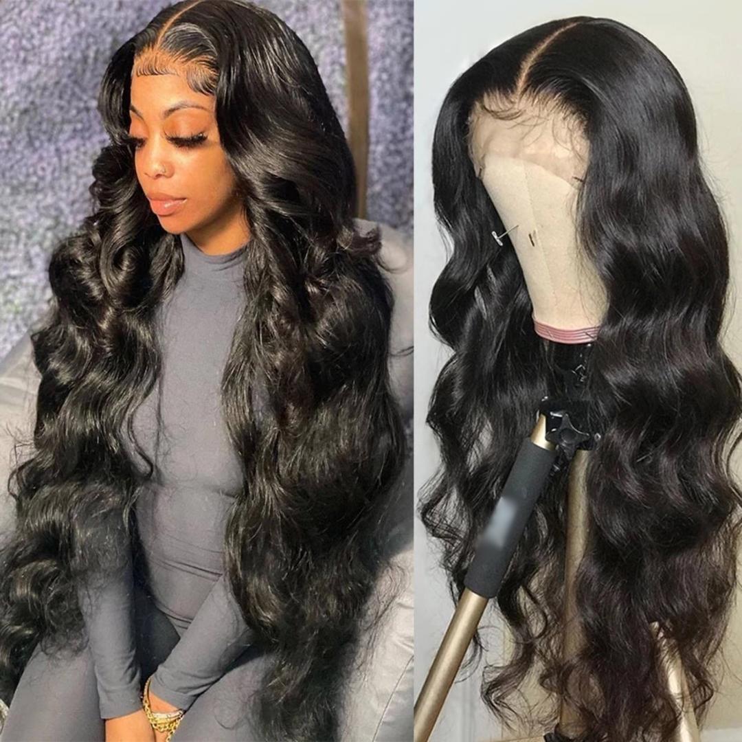 13*4 full frontal loose wave wigs, pure and best  blend frontal wigs, with pure human hair baby  hairs and with versatile styles. glueless HD wig