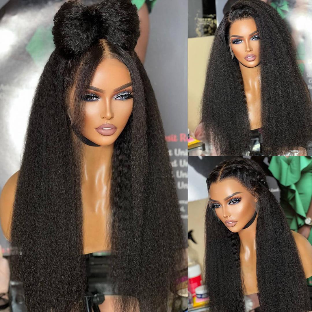 Kinky Straight Lace Front Wigs semi Human Hair Pre Plucked With Baby Hair 180% Density Yaki Straight 13x4 Transparent HD Glueless Lace Wig semi Human Hair Wigs For Black Women 24 Inch