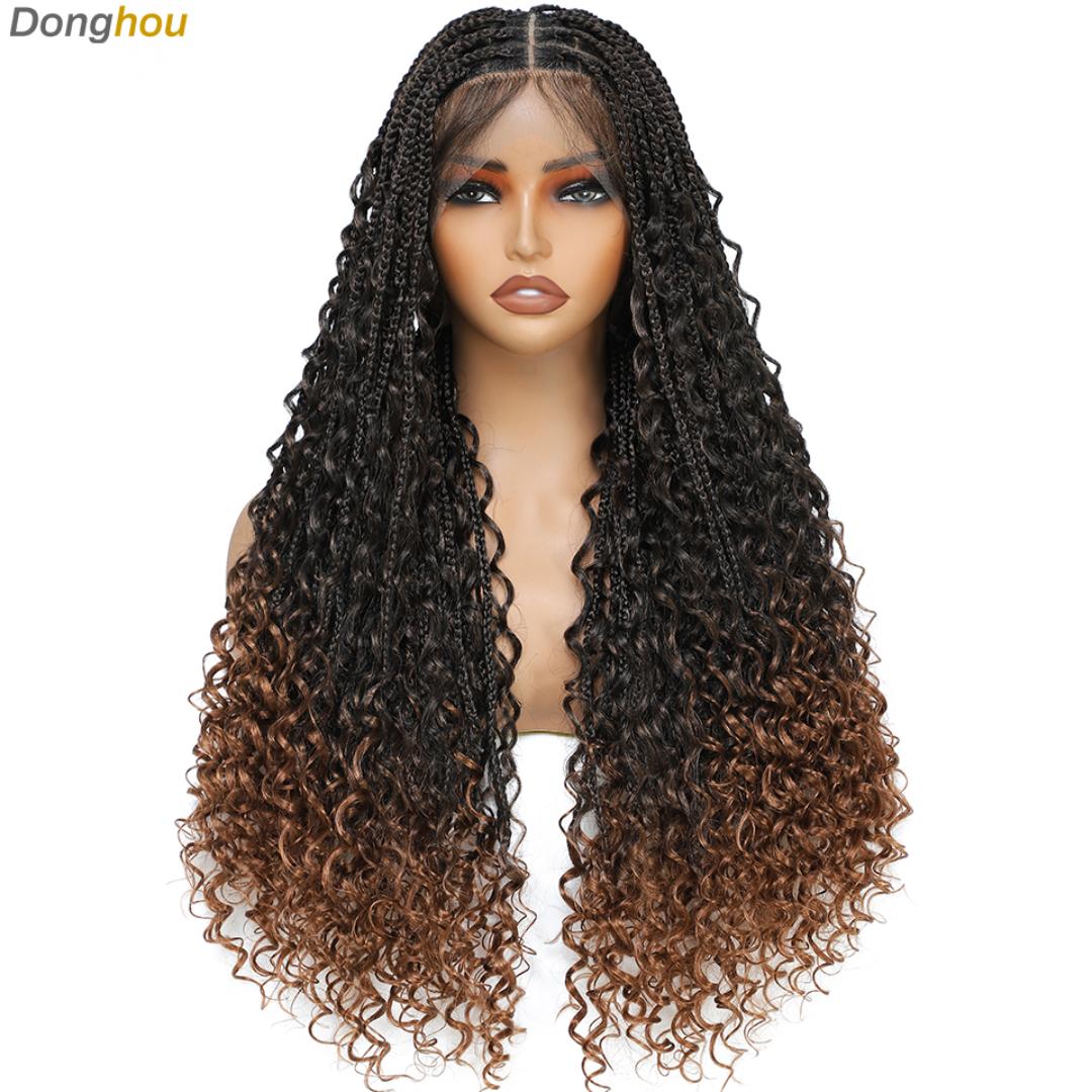 full frontal Boho Knotless Braided Wigs for Black Women Bohemian Box Braided Wigs Double Full Lace Braided Wigs with Baby Hair Synthetic Boho Braid Wig Natural Black