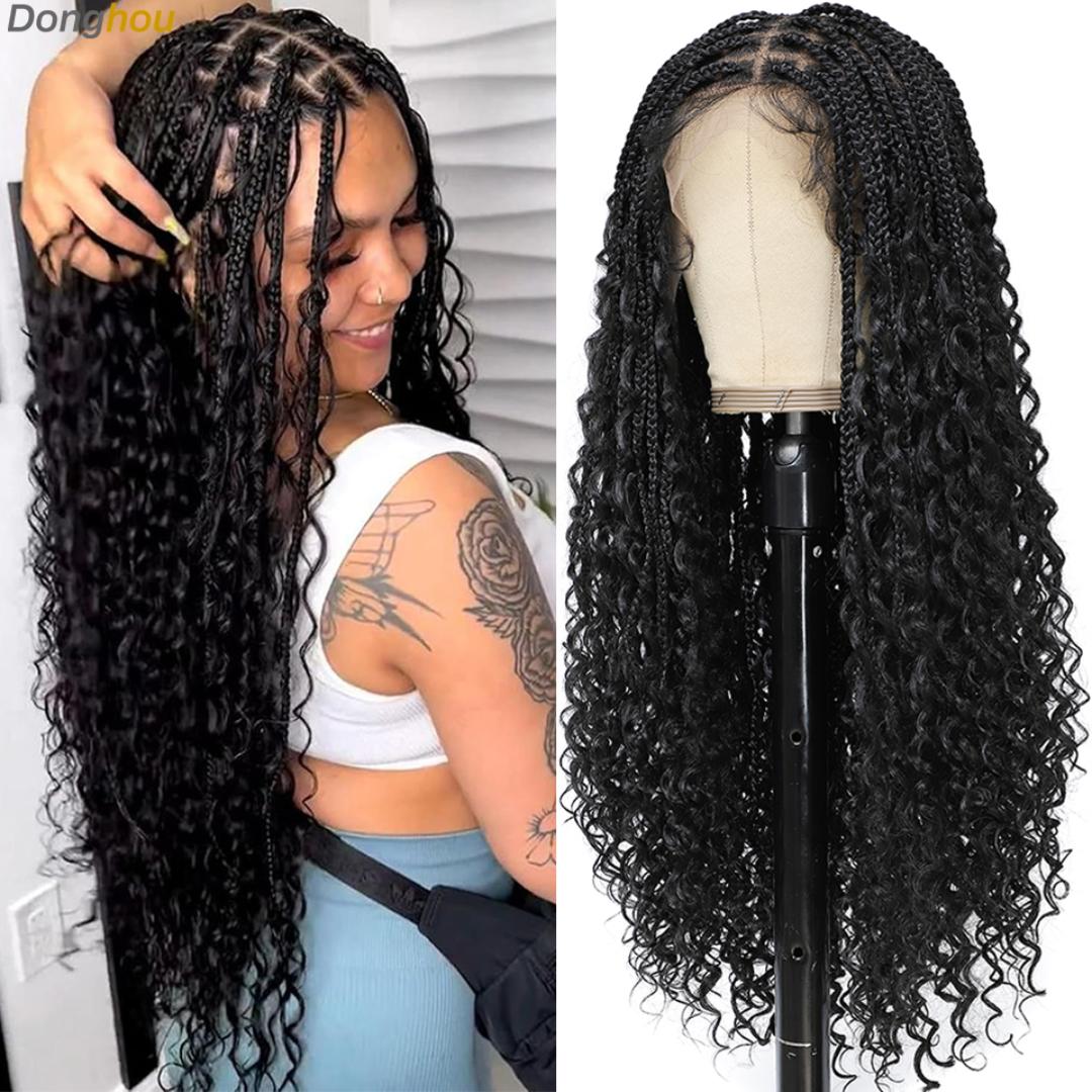full frontal Boho Knotless Braided Wigs for Black Women Bohemian Box Braided Wigs Double Full Lace Braided Wigs with Baby Hair Synthetic Boho Braid Wig Natural Black