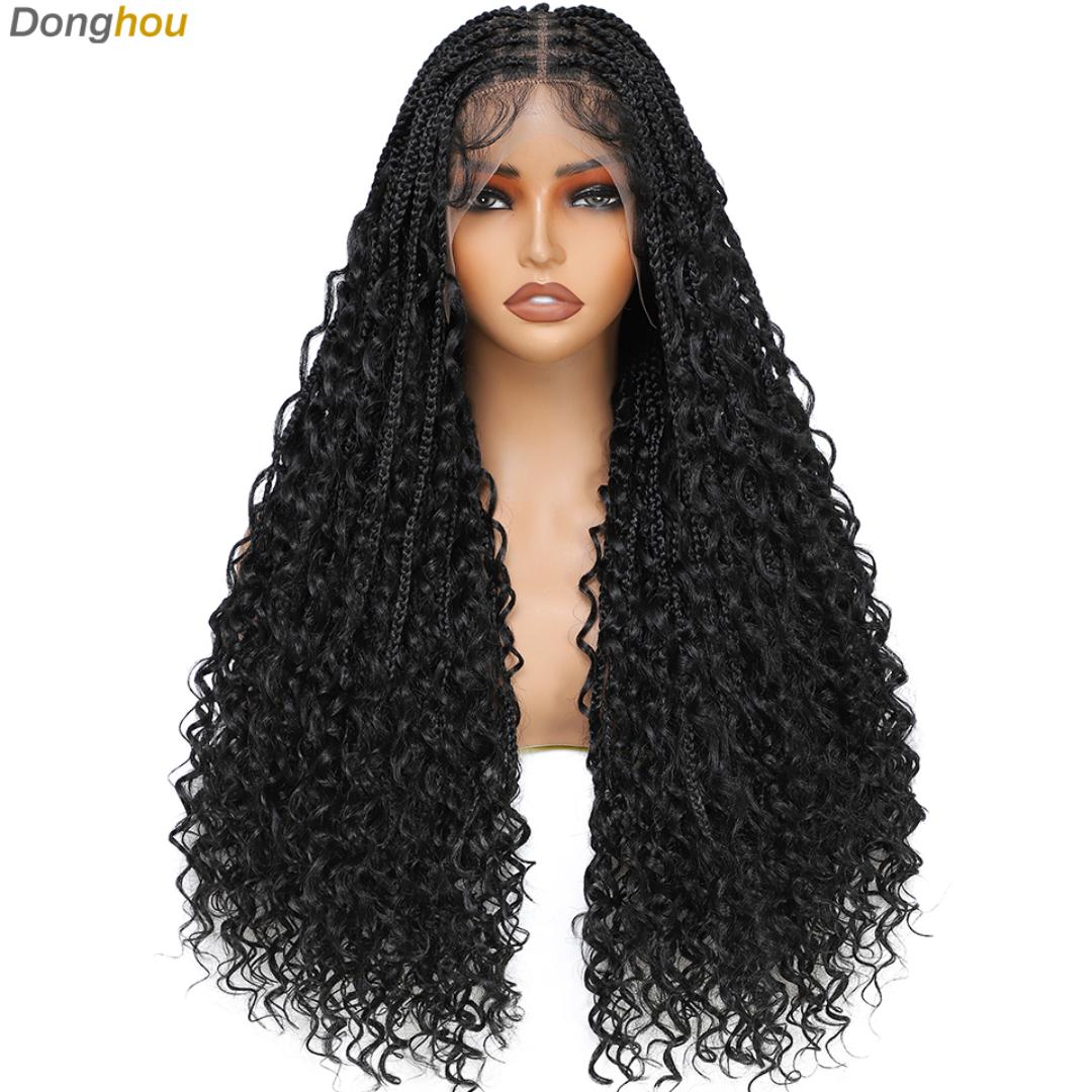 full frontal Boho Knotless Braided Wigs for Black Women Bohemian Box Braided Wigs Double Full Lace Braided Wigs with Baby Hair Synthetic Boho Braid Wig Natural Black