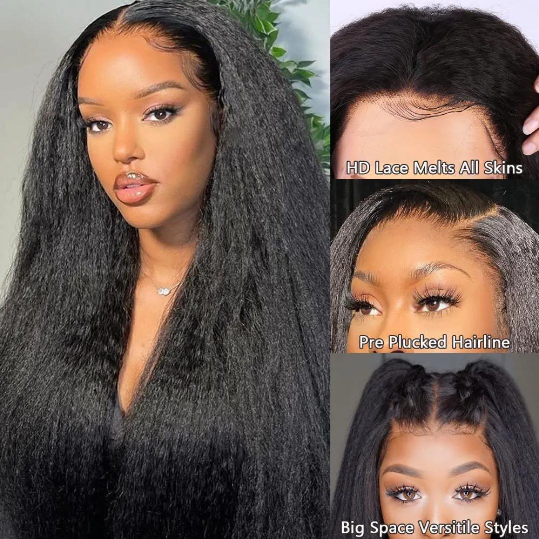 Kinky Straight Lace Front Wigs semi Human Hair Pre Plucked With Baby Hair 180% Density Yaki Straight 13x4 Transparent HD Glueless Lace Wig semi Human Hair Wigs For Black Women 24 Inch