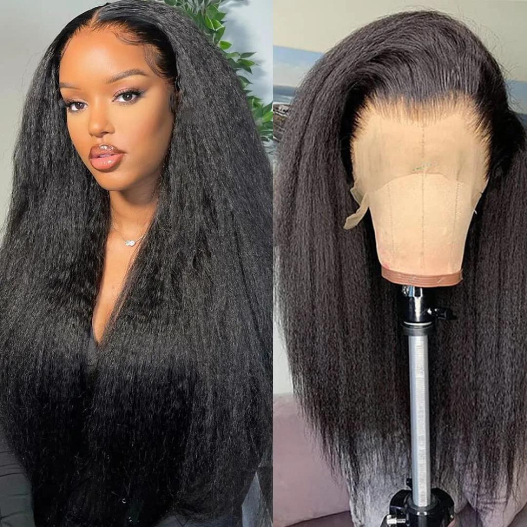 Kinky Straight Lace Front Wigs semi Human Hair Pre Plucked With Baby Hair 180% Density Yaki Straight 13x4 Transparent HD Glueless Lace Wig semi Human Hair Wigs For Black Women 24 Inch