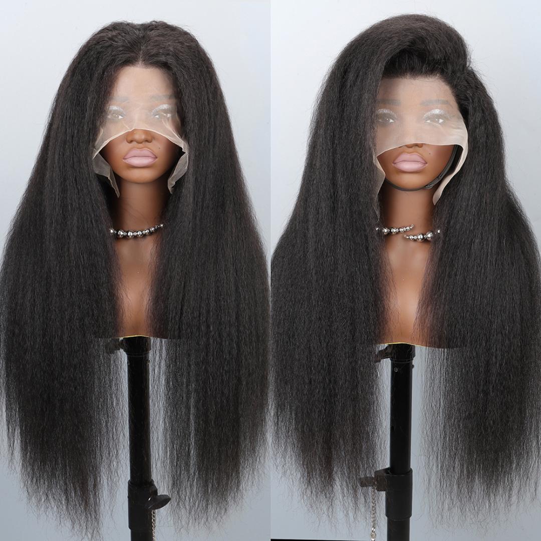 Kinky Straight Lace Front Wigs semi Human Hair Pre Plucked With Baby Hair 180% Density Yaki Straight 13x4 Transparent HD Glueless Lace Wig semi Human Hair Wigs For Black Women 24 Inch