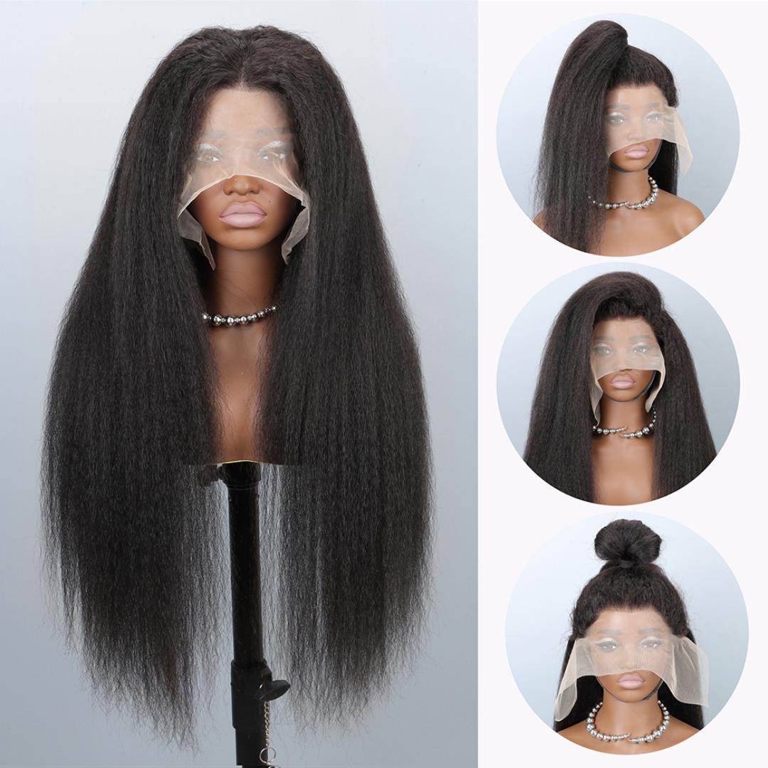 Kinky Straight Lace Front Wigs semi Human Hair Pre Plucked With Baby Hair 180% Density Yaki Straight 13x4 Transparent HD Glueless Lace Wig semi Human Hair Wigs For Black Women 24 Inch