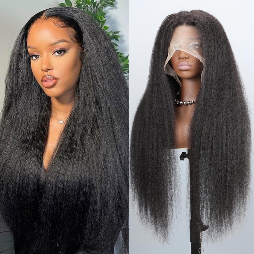 Kinky Straight Lace Front Wigs semi Human Hair Pre Plucked With Baby Hair 180% Density Yaki Straight 13x4 Transparent HD Glueless Lace Wig semi Human Hair Wigs For Black Women 24 Inch