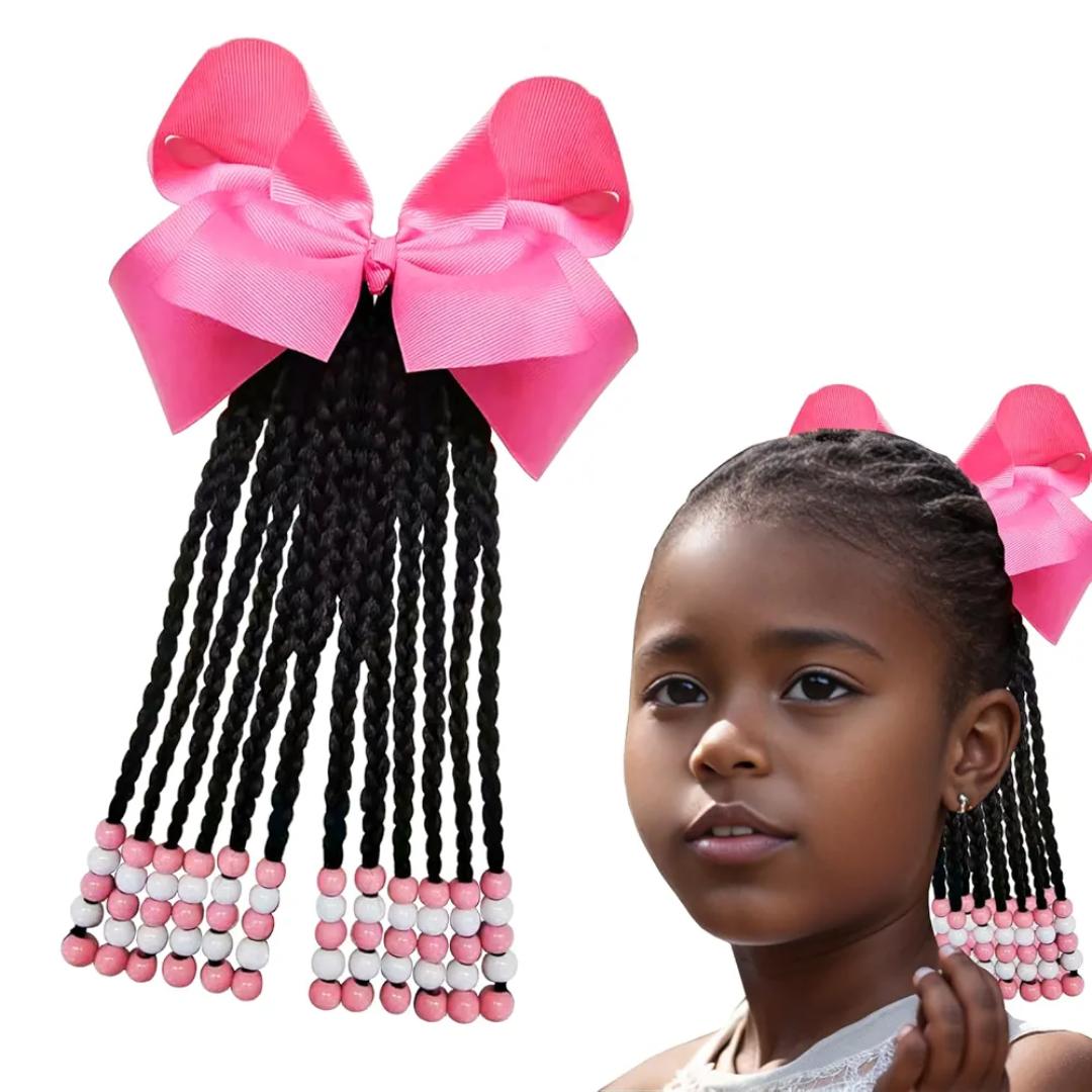 Kids Ponytail Extension With Beads Box Braids Hair Extensions For Kiddie Synthetic Hairpieces With Bows Protective Easy Fashion Hairstyle For Baby Girls Toddler Gift