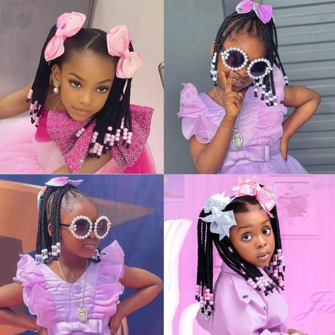 Kids Ponytail Extension With Beads Box Braids Hair Extensions For Kiddie Synthetic Hairpieces With Bows Protective Easy Fashion Hairstyle For Baby Girls Toddler Gift