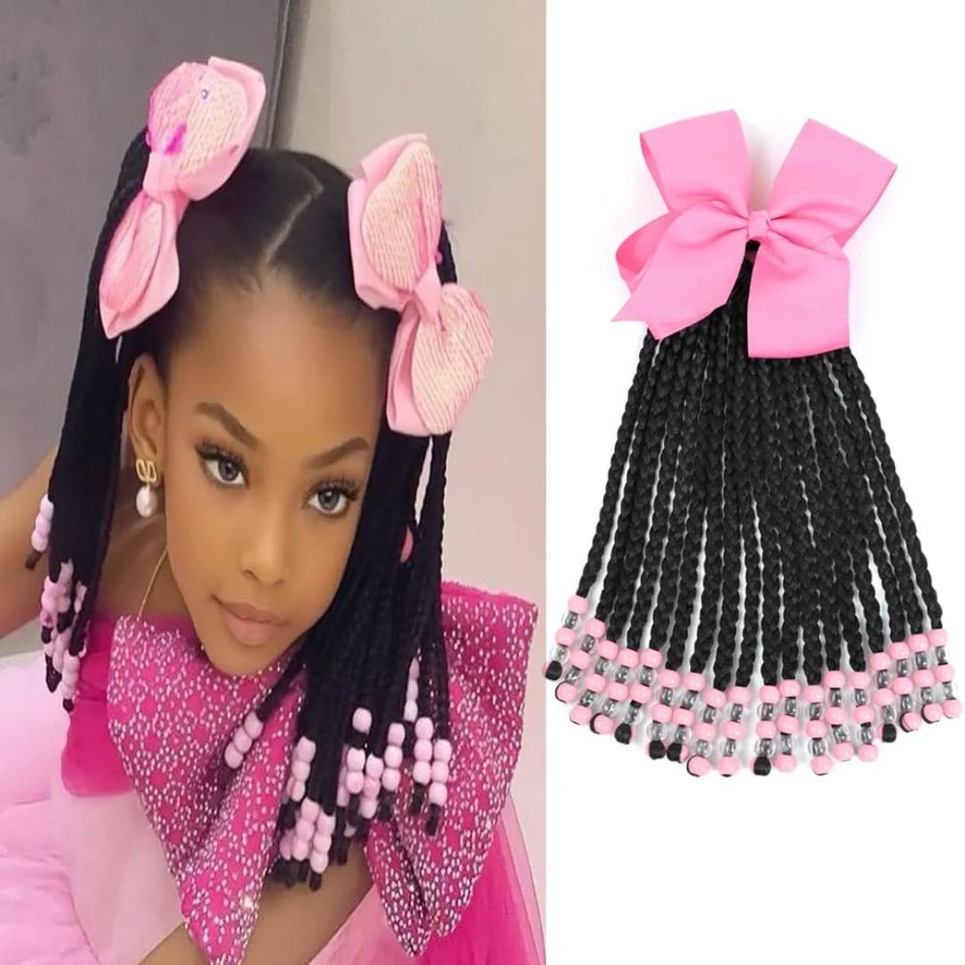 Kids Ponytail Extension With Beads Box Braids Hair Extensions For Kiddie Synthetic Hairpieces With Bows Protective Easy Fashion Hairstyle For Baby Girls Toddler Gift