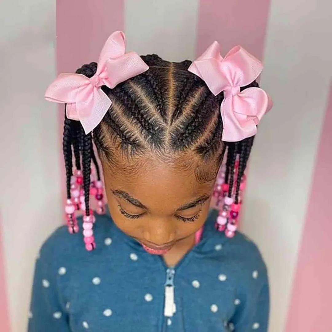 Kids Ponytail Extension With Beads Box Braids Hair Extensions For Kiddie Synthetic Hairpieces With Bows Protective Easy Fashion Hairstyle For Baby Girls Toddler Gift
