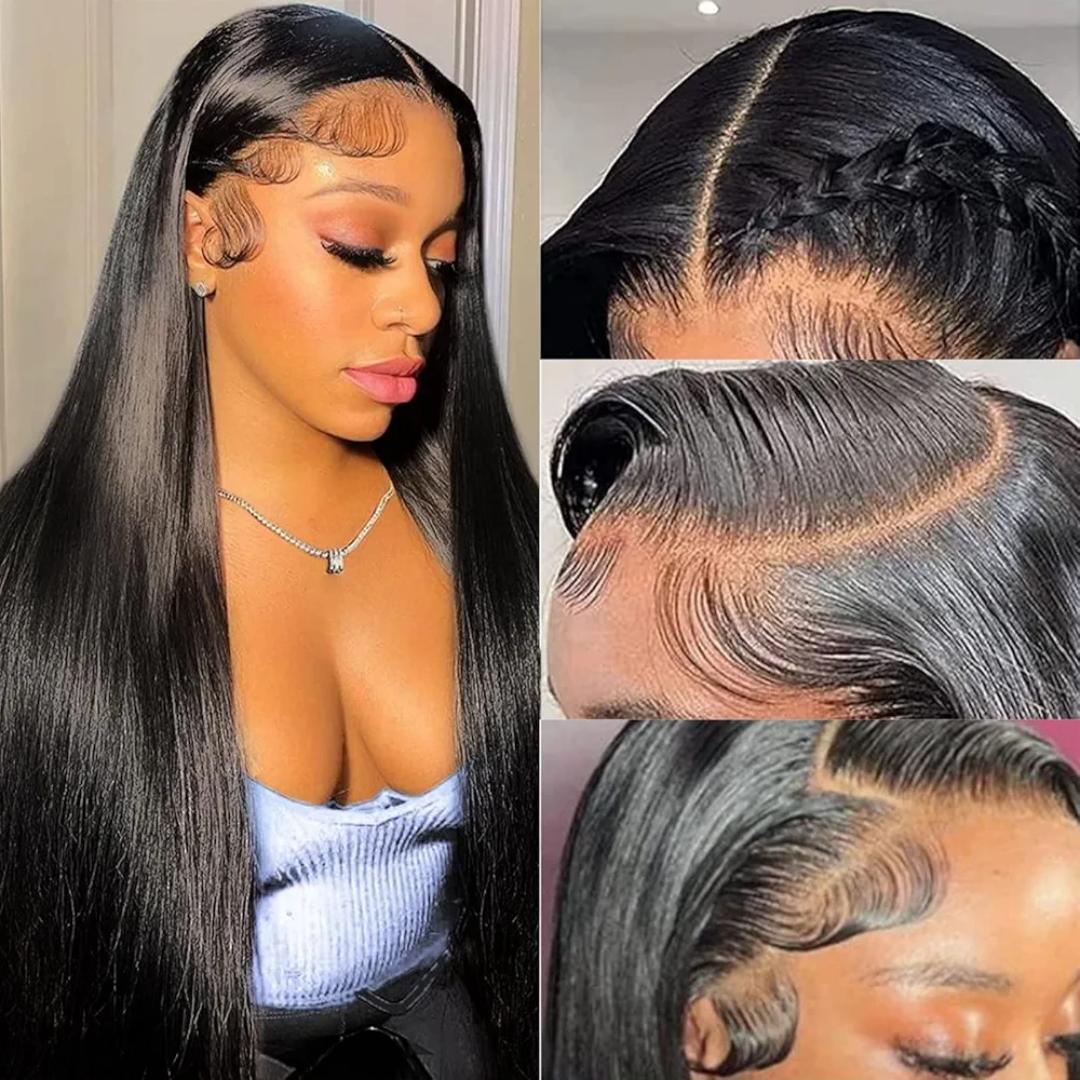 full  Lace Front Wigs semi Human Hair for Women 180 Density HD Transparent 24 Inch Straight Lace Front Wigs Human Hair Pre Plucked Glueless Lace Frontal Wigs Natural Black Color