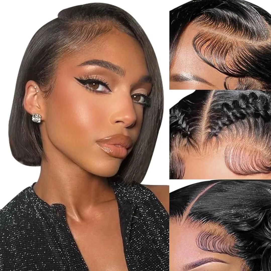 full frontal Bob Wig  semi Human Hair 180% Density HD Transparent Lace Front Wigs semi Human Hair Short Bob Pre Plucked Straight Wigs semi Human Hair for Women Natural Black Color 10 Inch