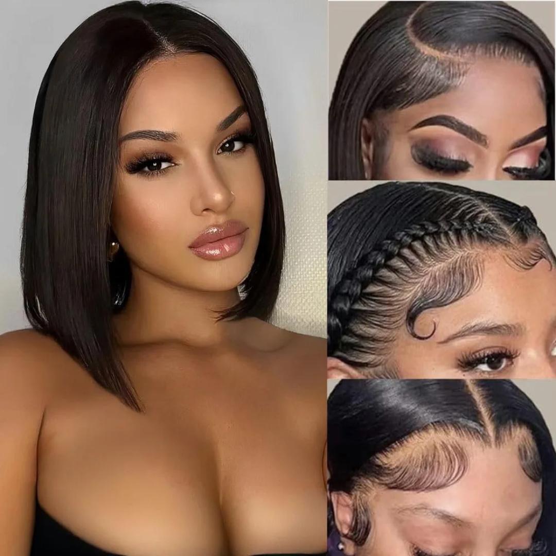 full frontal Bob Wig  semi Human Hair 180% Density HD Transparent Lace Front Wigs semi Human Hair Short Bob Pre Plucked Straight Wigs semi Human Hair for Women Natural Black Color 10 Inch