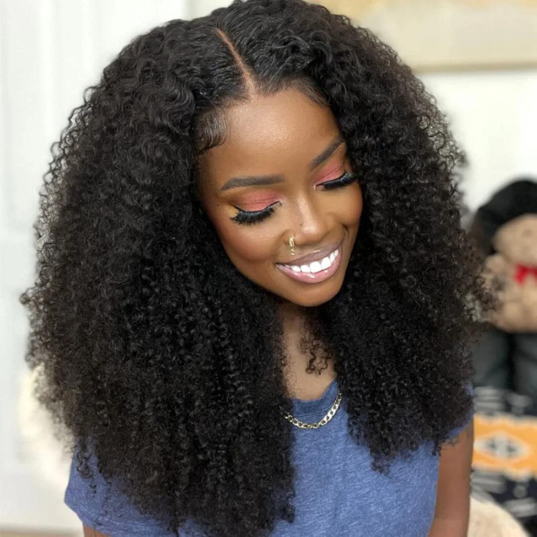 Afro Kinky Frontal Wig HD Lace Front Kinky Curly Wig for Women 180% Density Pre Plucked With Baby Hair Afro Kinky Curly semi Human Hair Wig 20Inch Kinky Curly HD Lace Front wig.