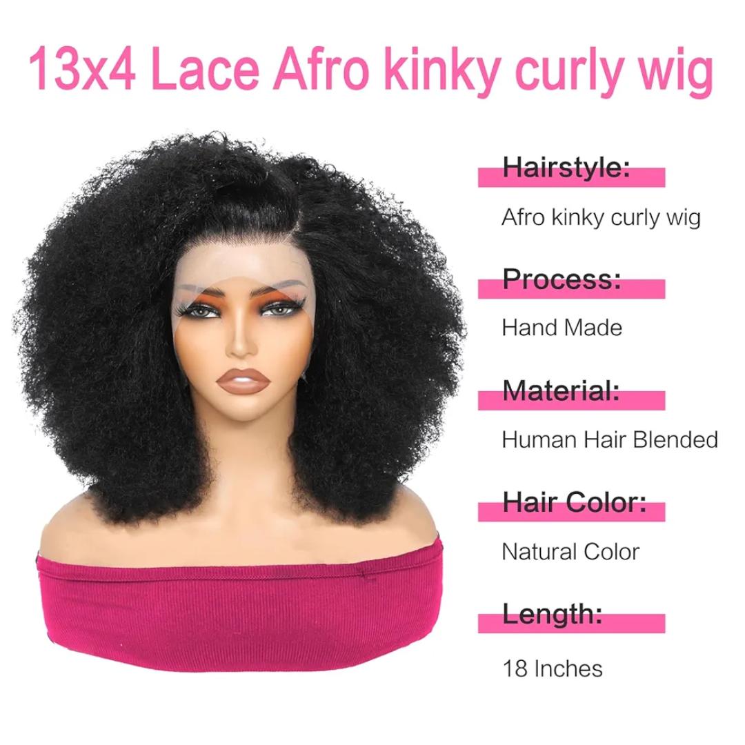 Afro Kinky Frontal Wig HD Lace Front Kinky Curly Wig for Women 180% Density Pre Plucked With Baby Hair Afro Kinky Curly semi Human Hair Wig 20Inch Kinky Curly HD Lace Front wig.