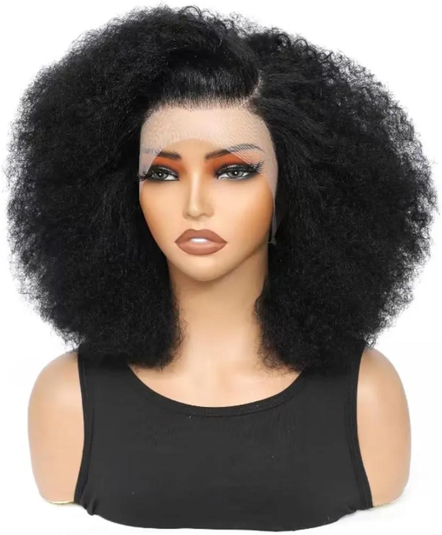 Afro Kinky Frontal Wig HD Lace Front Kinky Curly Wig for Women 180% Density Pre Plucked With Baby Hair Afro Kinky Curly semi Human Hair Wig 20Inch Kinky Curly HD Lace Front wig.