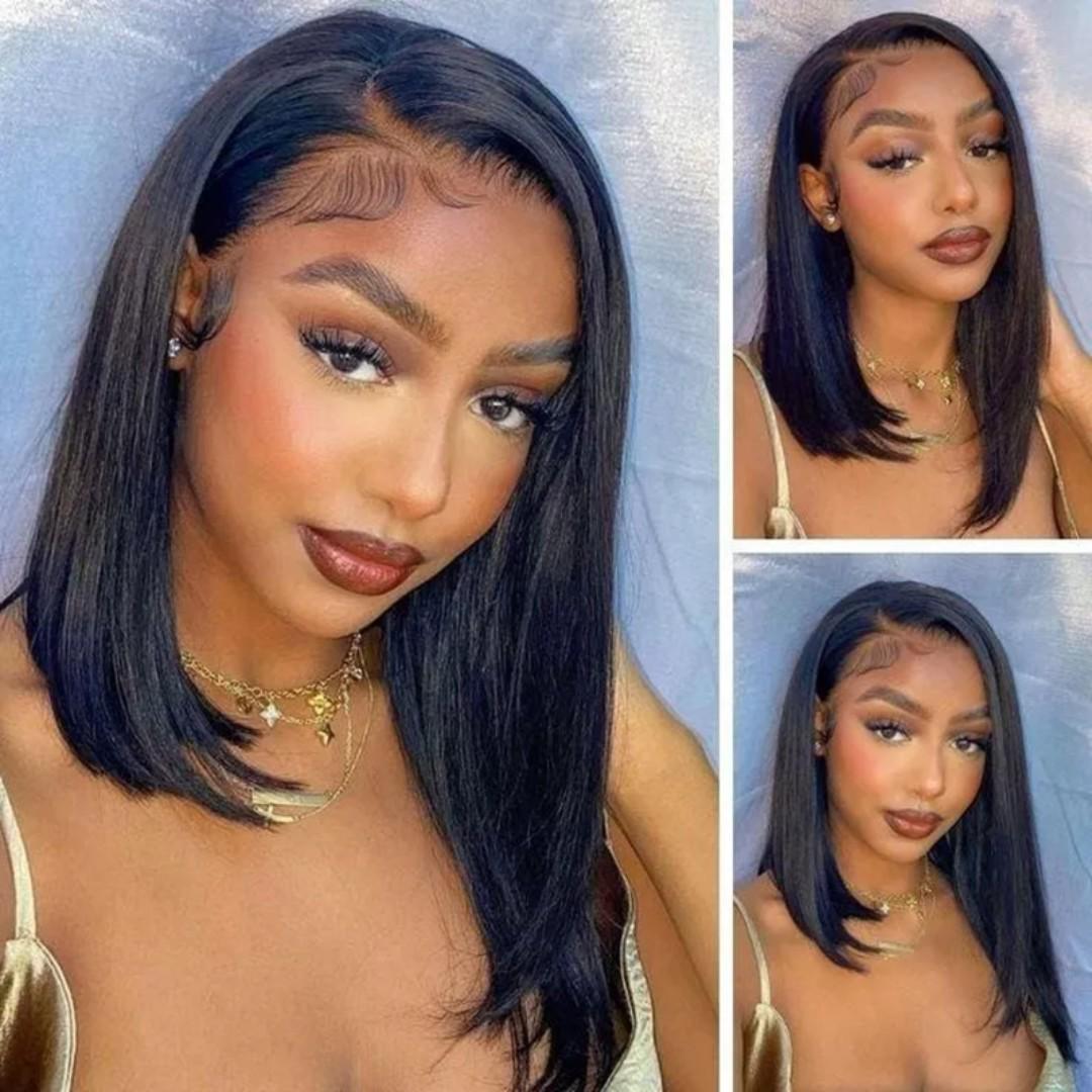 Short Bob Wigs semi Human 13x4*2 Transparent Lace Front Wigs semi Human Hair Pre Plucked with Baby Hair Glueless Wigs semi Human Hair 180% Density Straight Frontal Lace Wigs for Women Natural Color