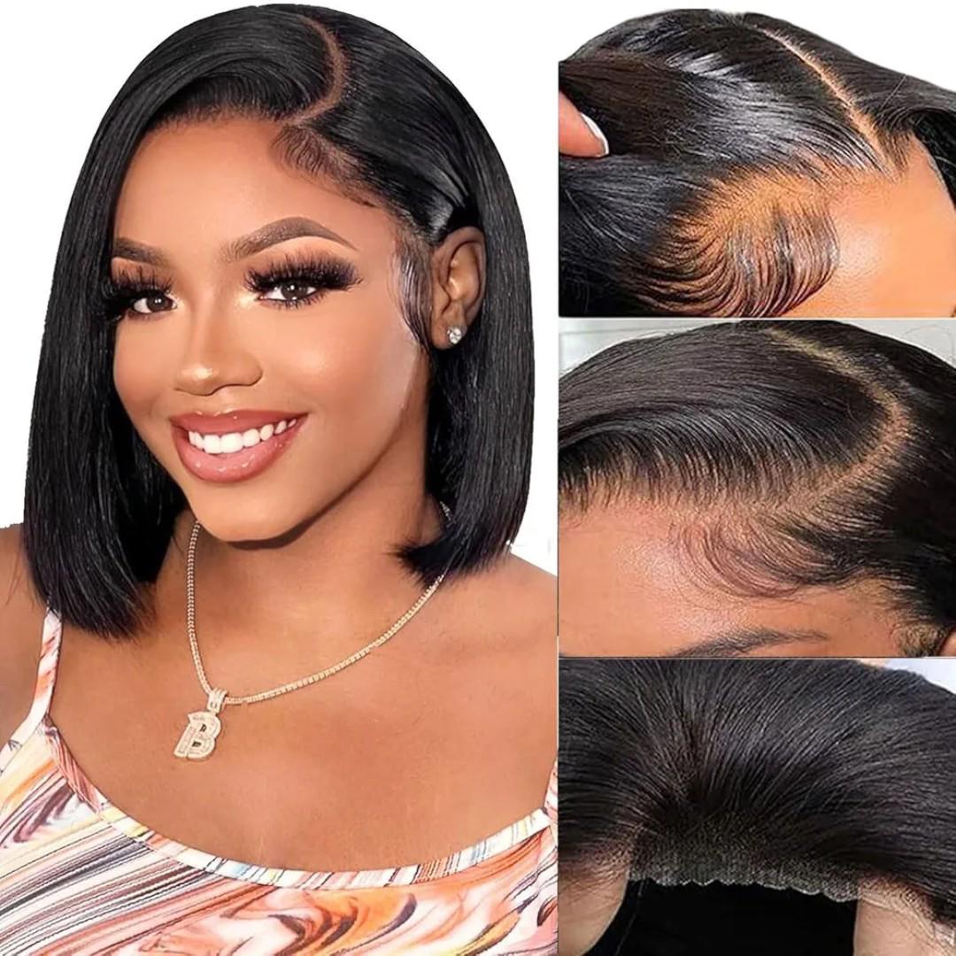 Short Bob Wigs semi Human 13x4*2 Transparent Lace Front Wigs semi Human Hair Pre Plucked with Baby Hair Glueless Wigs semi Human Hair 180% Density Straight Frontal Lace Wigs for Women Natural Color