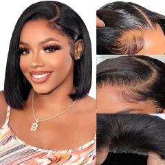 Short Bob Wigs semi Human 13x4*2 Transparent Lace Front Wigs semi Human Hair Pre Plucked with Baby Hair Glueless Wigs semi Human Hair 180% Density Straight Frontal Lace Wigs for Women Natural Color