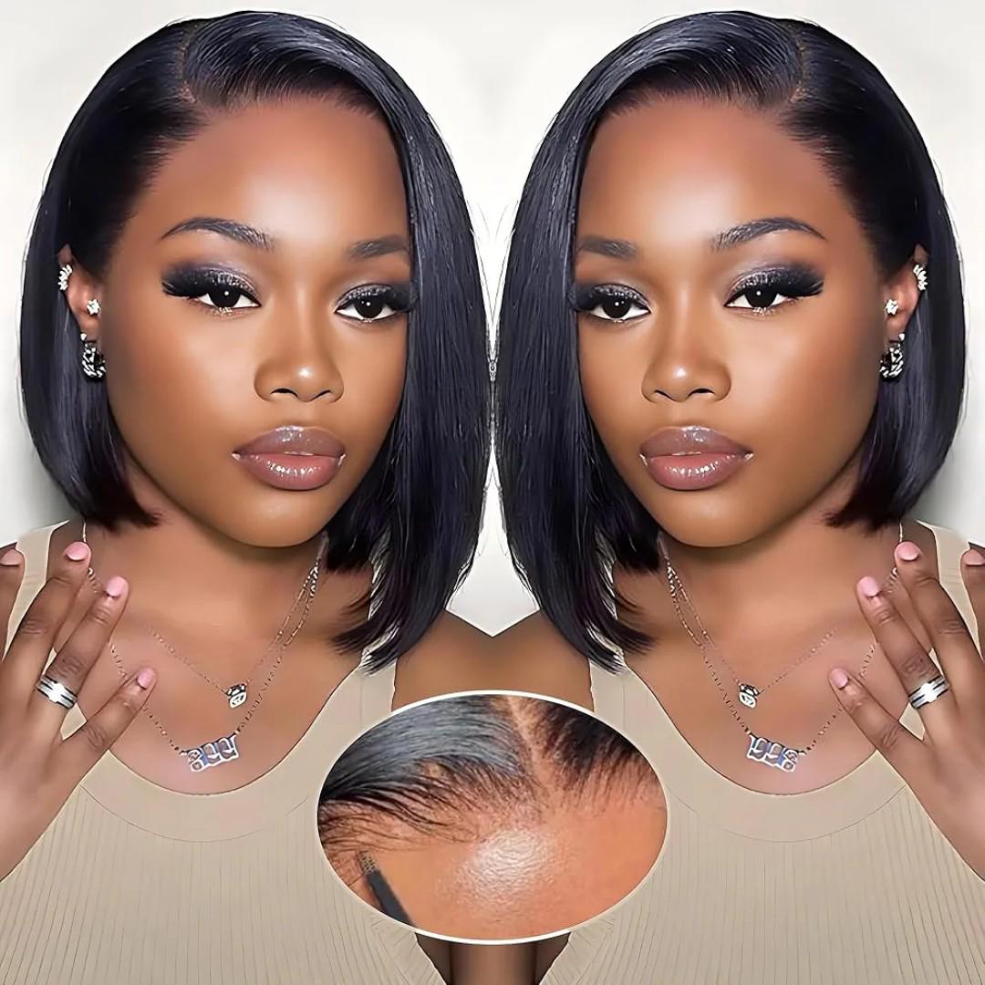 Short Bob Wigs semi Human 13x4*2 Transparent Lace Front Wigs semi Human Hair Pre Plucked with Baby Hair Glueless Wigs semi Human Hair 180% Density Straight Frontal Lace Wigs for Women Natural Color