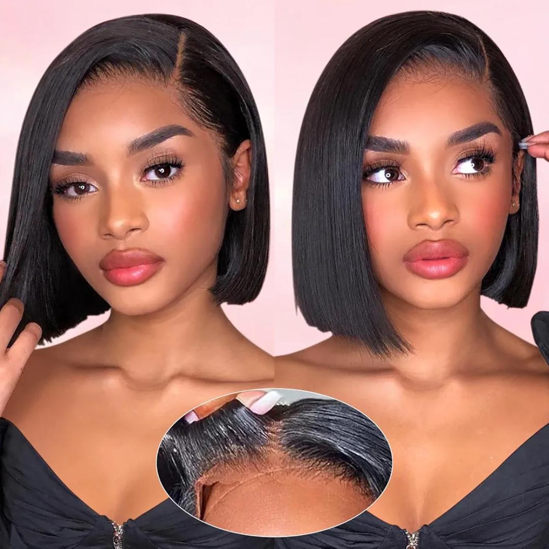 Short Bob Wigs semi Human 13x4*2 Transparent Lace Front Wigs semi Human Hair Pre Plucked with Baby Hair Glueless Wigs semi Human Hair 180% Density Straight Frontal Lace Wigs for Women Natural Color