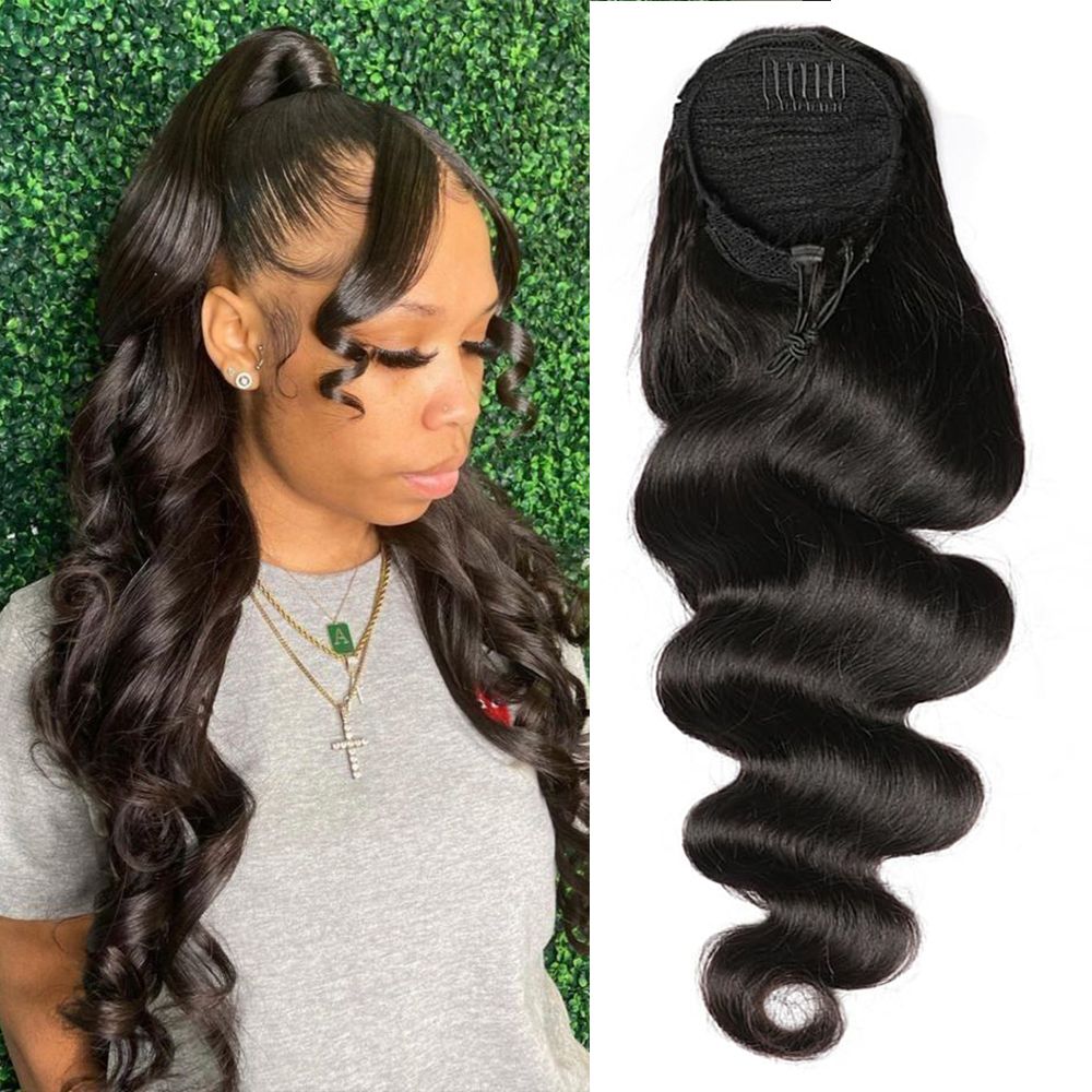 Human Hair blend Body Wave Ponytail with  Human Hair Ponytail for Black Women Natural Color 22 inches